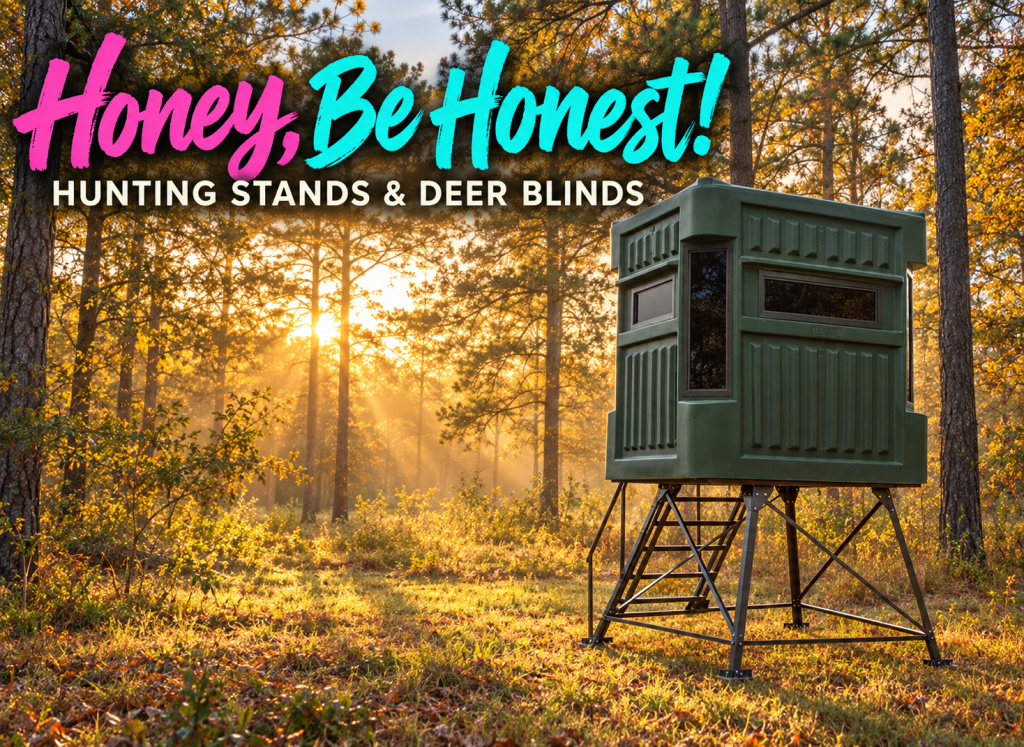 Honey, Be Honest! in pink and turquoise above a green Texas Hunter blind in the woods.