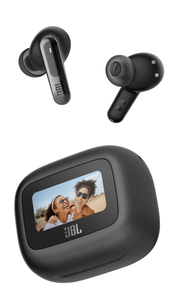 Black JBL Live Beam 3 earbuds above a touchscreen charging case