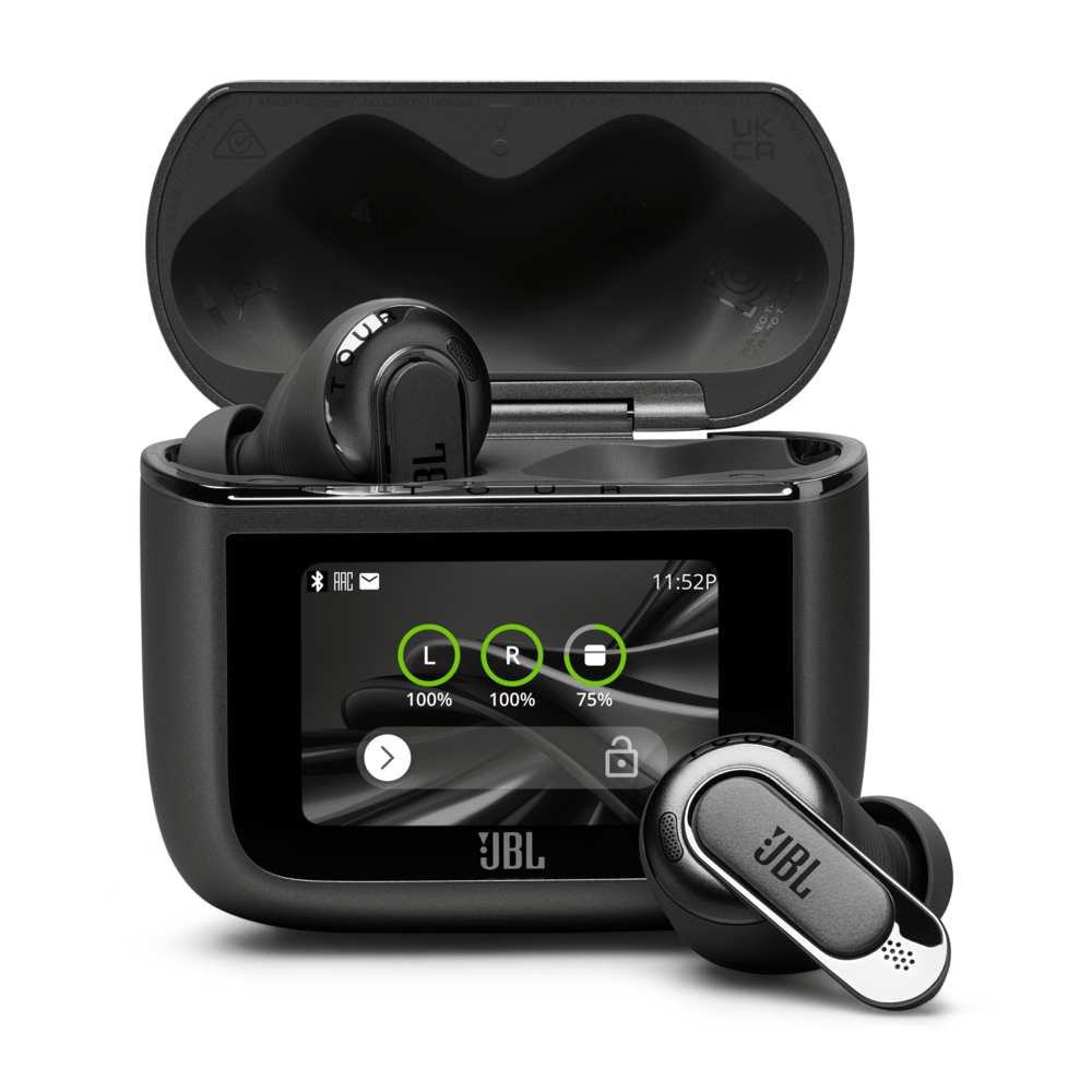 Black JBL Tour Pro 3 earbuds with an open touchscreen charging case