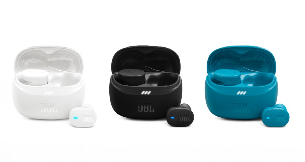 JBL Tune Buds 2 in white, black and turquoise, with the black pair in the center