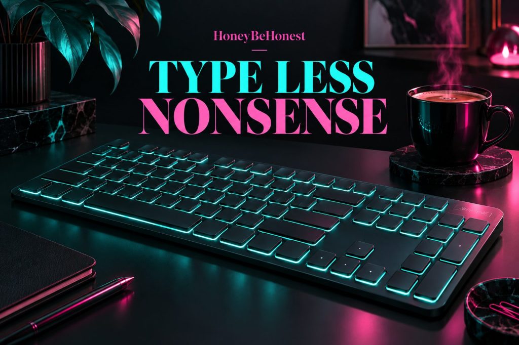 HoneyBeHonest conceptual illustration for keyboards, in charcoal, turquoise and hot pink