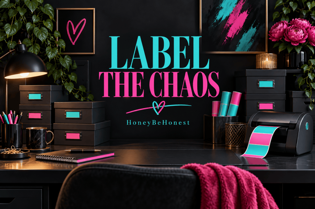 Conceptual label printer and organized desk scene in HBH charcoal, turquoise and pink.