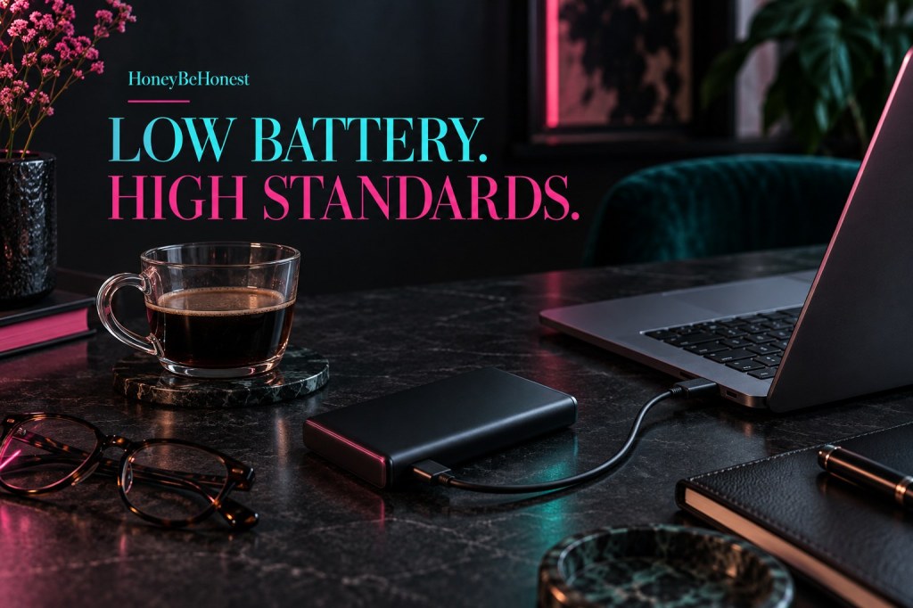HBH conceptual artwork of a generic laptop and portable battery on a charcoal desk with turquoise and pink accents; not reviewed product photography.