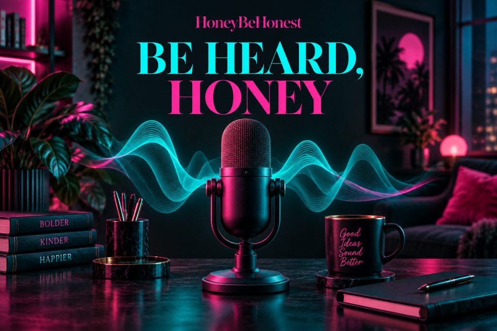 HoneyBeHonest conceptual illustration for microphones, in charcoal, turquoise and hot pink