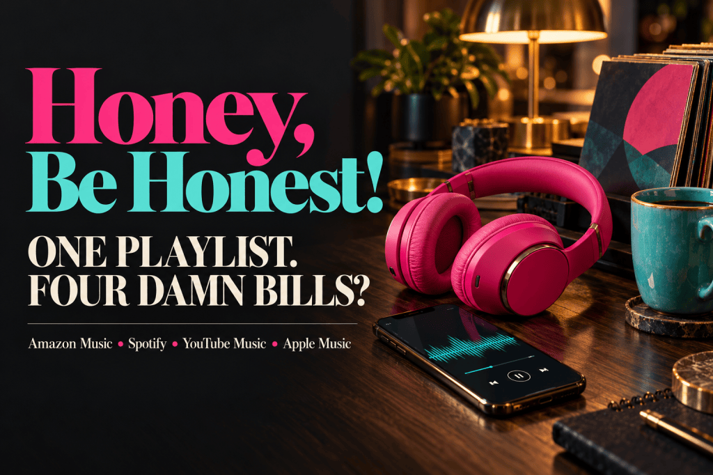 Pink headphones and a turquoise mug beside a phone, with Honey, Be Honest! and One Playlist. Four Damn Bills? lettering.