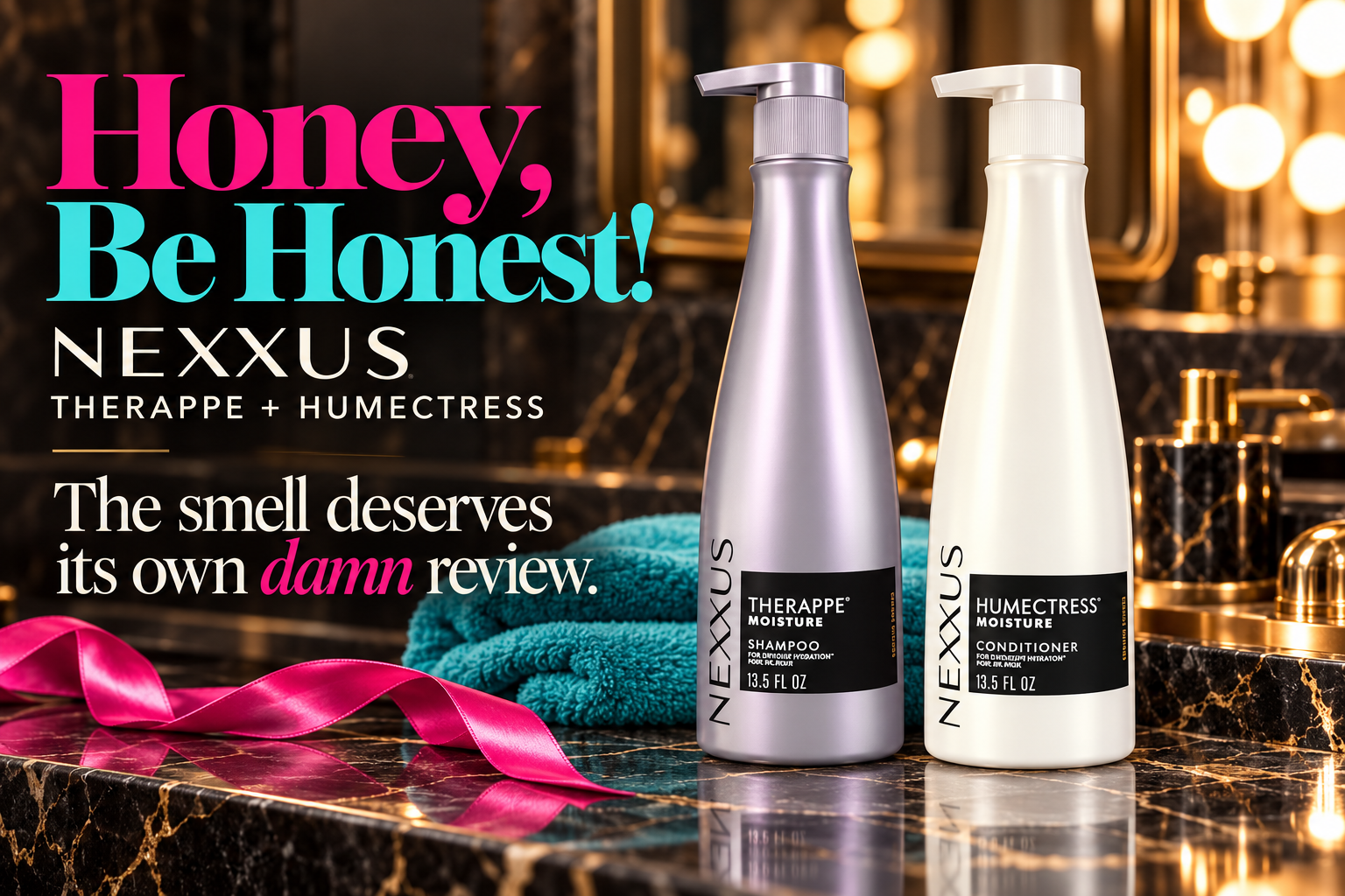 HBH editorial illustration of lavender Nexxus Therappe shampoo and ivory Humectress conditioner on a dark marble vanity, with Honey, Be Honest! in pink and turquoise.