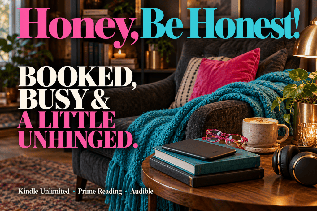 Cozy reading chair, books and headphones with pink and turquoise Honey, Be Honest! branding.