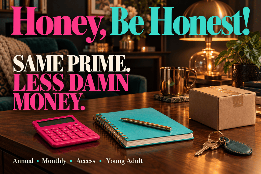 Pink calculator, turquoise notebook and delivery box with Honey, Be Honest! and Same Prime. Less Damn Money lettering.