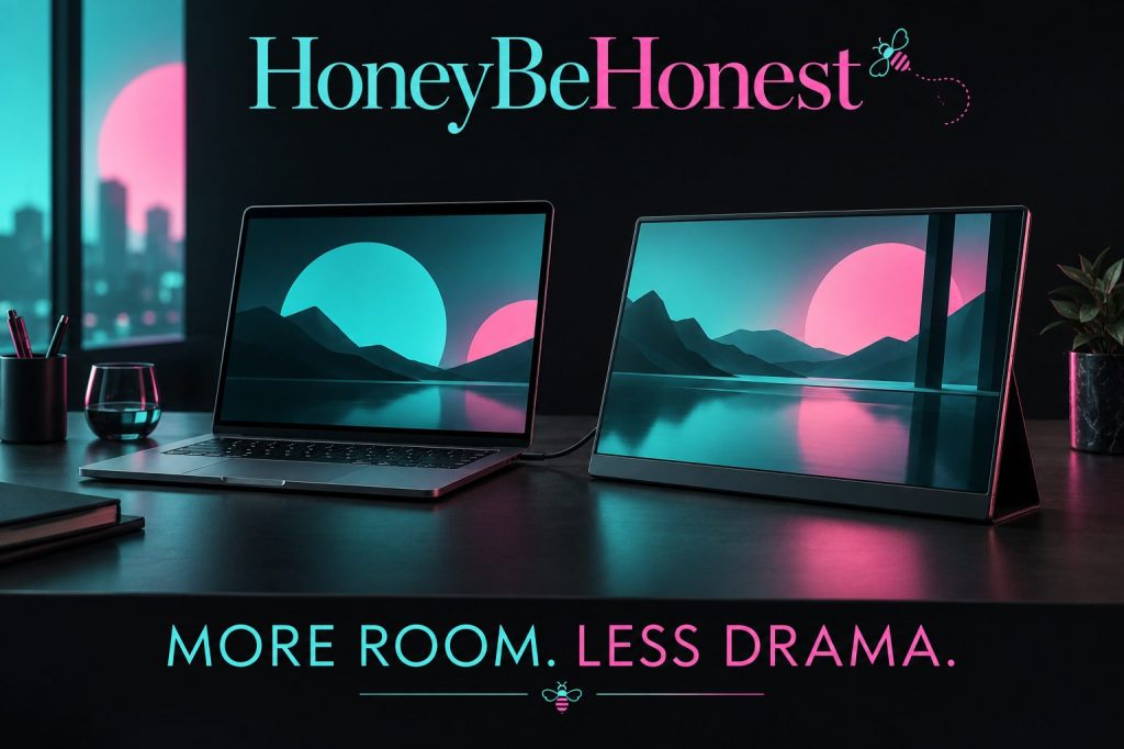 HoneyBeHonest conceptual illustration of a laptop beside a portable monitor in turquoise and pink lighting