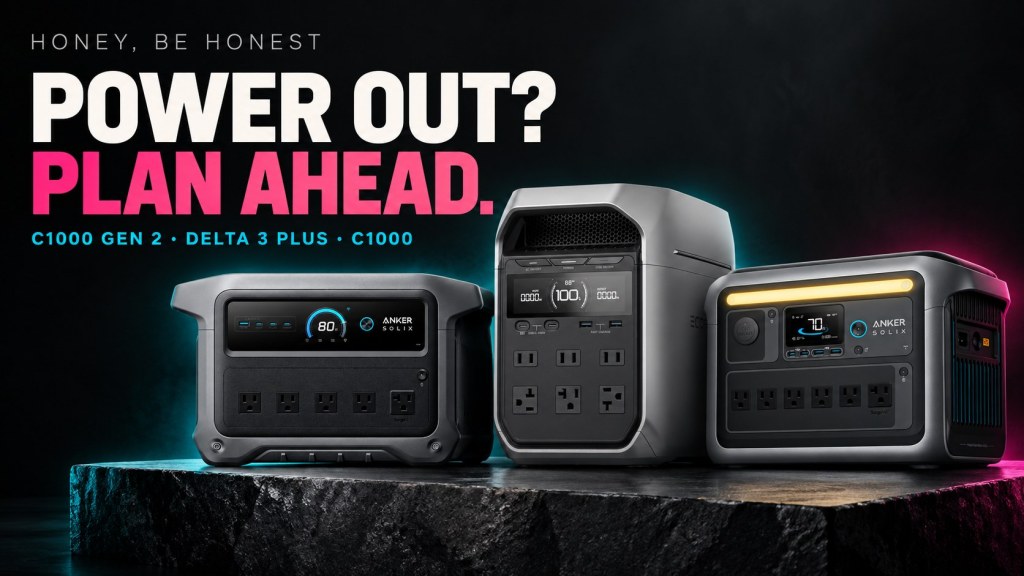 Dark Honey Be Honest editorial cover showing three portable power stations with turquoise and pink lighting