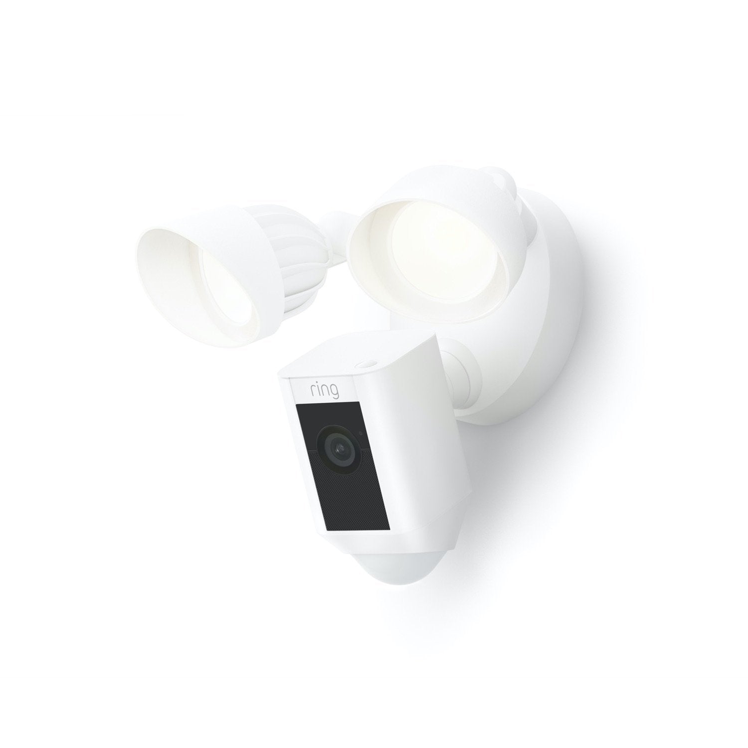 White Ring Floodlight Cam Plus with two rounded lamps and a separate camera hanging below.