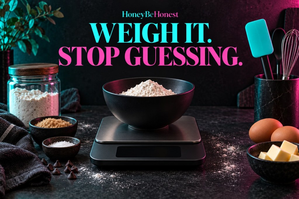 HBH conceptual kitchen-scale artwork with a dark bowl, turquoise and pink accents; not a photograph of a reviewed model.