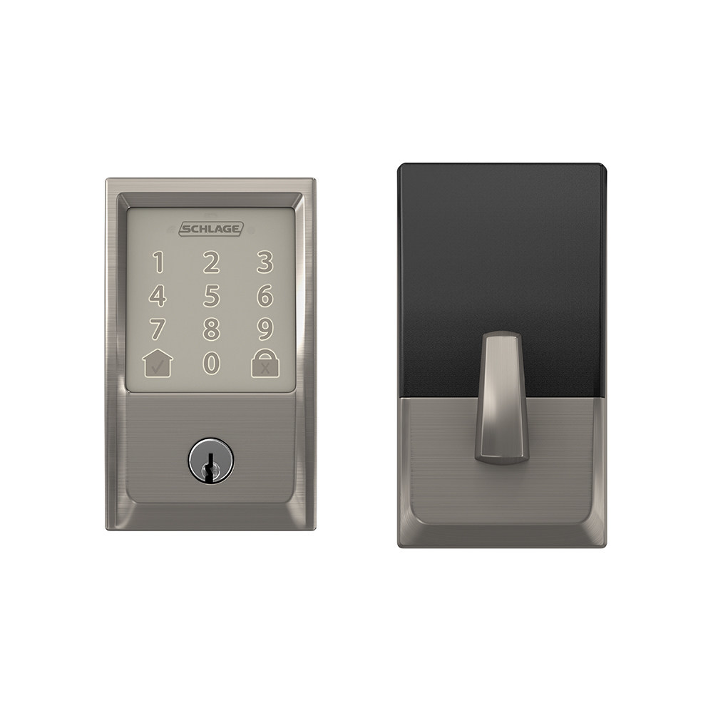 Exterior touchscreen and interior thumbturn of the Schlage Encode Century deadbolt in Satin Nickel