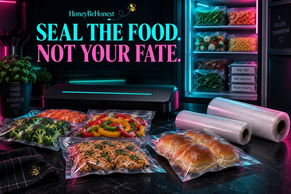 HBH conceptual artwork: generic vacuum sealer and food bags in a dark kitchen with turquoise and pink accents; not reviewed product photographs.