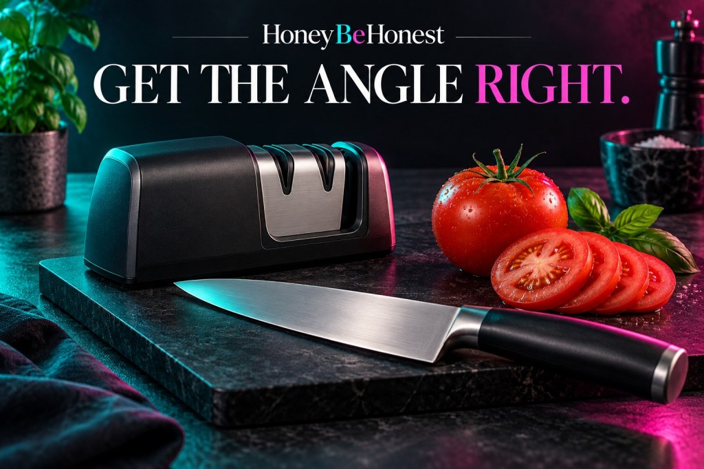 HBH conceptual artwork of a generic sharpener and a knife resting flat on a dark board, turquoise and pink accents; not reviewed product photography.