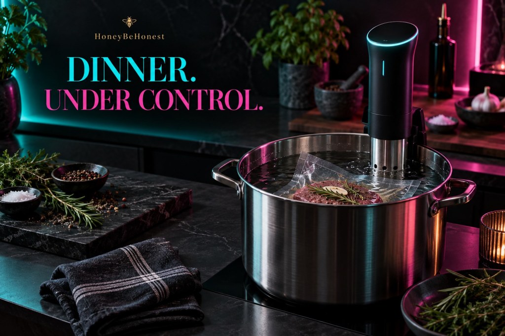 HBH conceptual artwork: generic immersion circulator in a dark kitchen with turquoise and pink accents; not a reviewed product photograph.