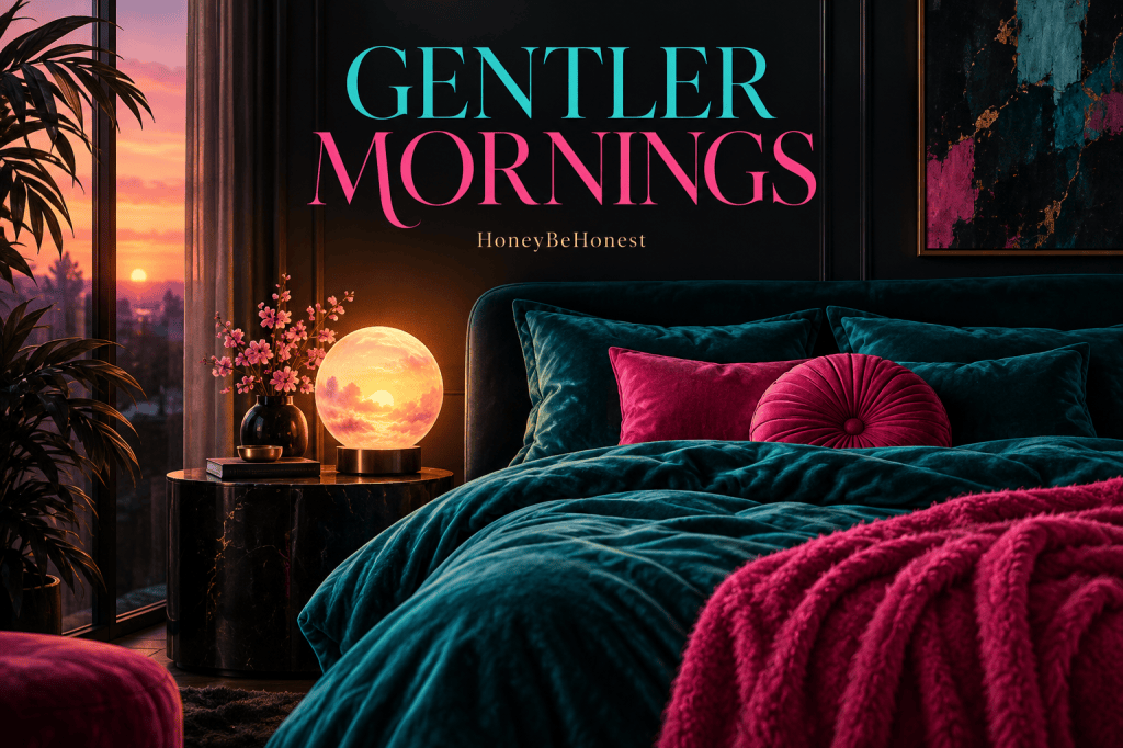 Conceptual bedside sunrise scene with the words Gentler Mornings in HBH colors.