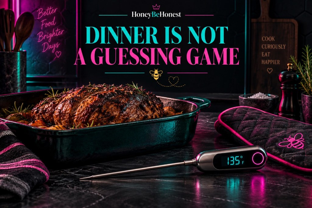 HBH conceptual artwork: generic food thermometer in a dark kitchen with turquoise and pink accents; not a reviewed product photograph.