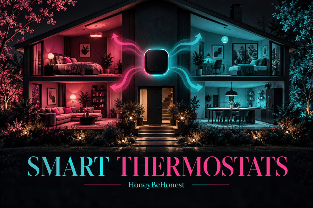 Conceptual house and thermostat illustration in HBH charcoal, turquoise and pink.