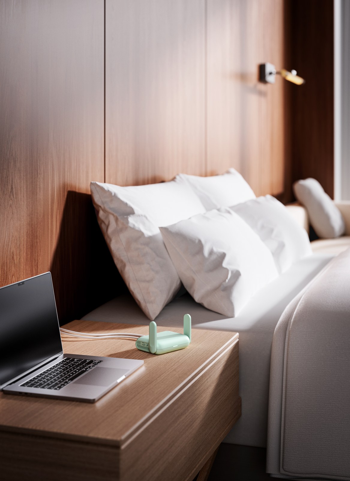 GL.iNet Beryl 7 GL-MT3600BE on a hotel bedside table.