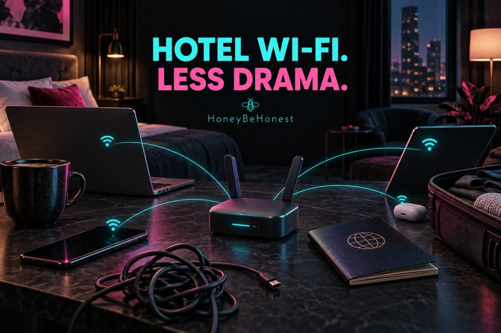 Conceptual HBH illustration of a travel router on a hotel desk.