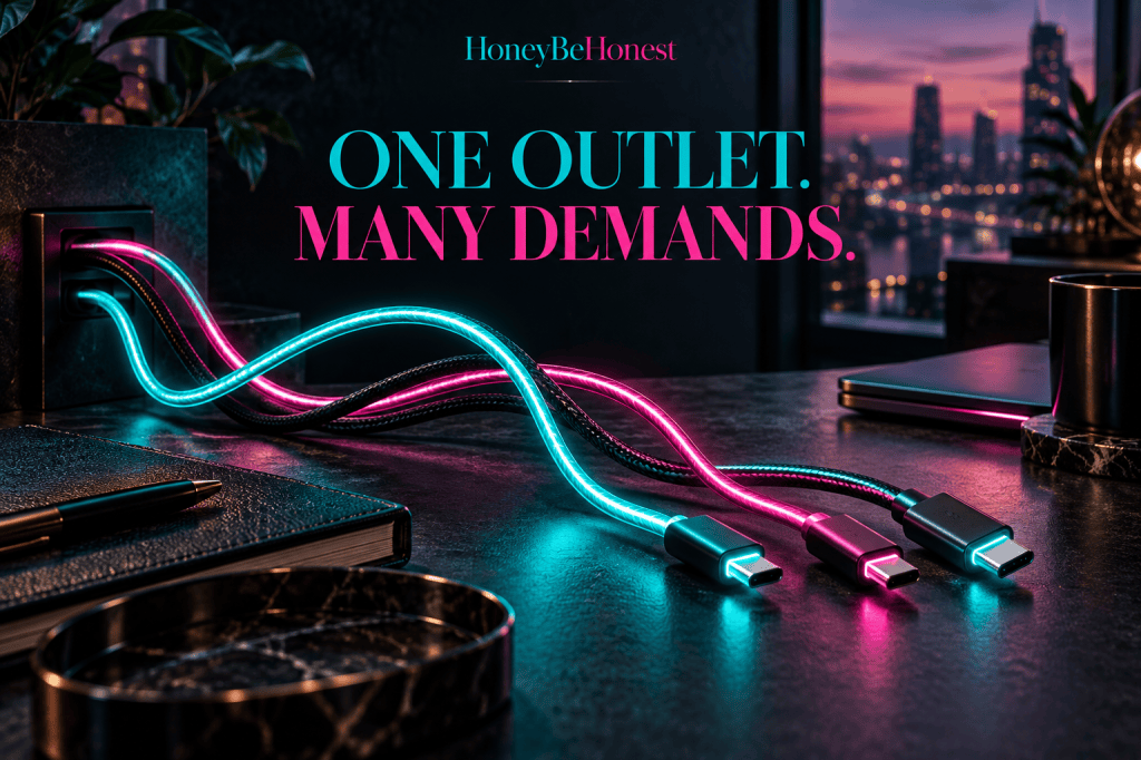 Three illuminated USB cables on a dark desk, with turquoise and pink HBH lettering.