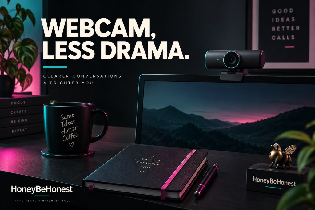 Conceptual webcam and home office in HBH charcoal, turquoise and pink; Webcam, Less Drama headline.