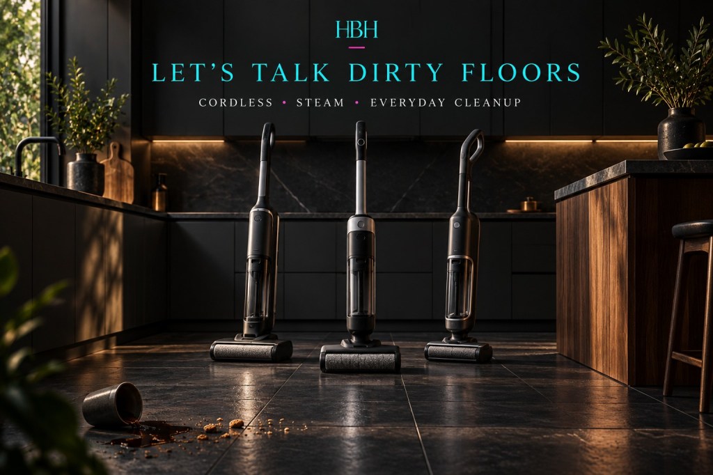 Conceptual HBH artwork of three unbranded floor cleaners in a dark kitchen