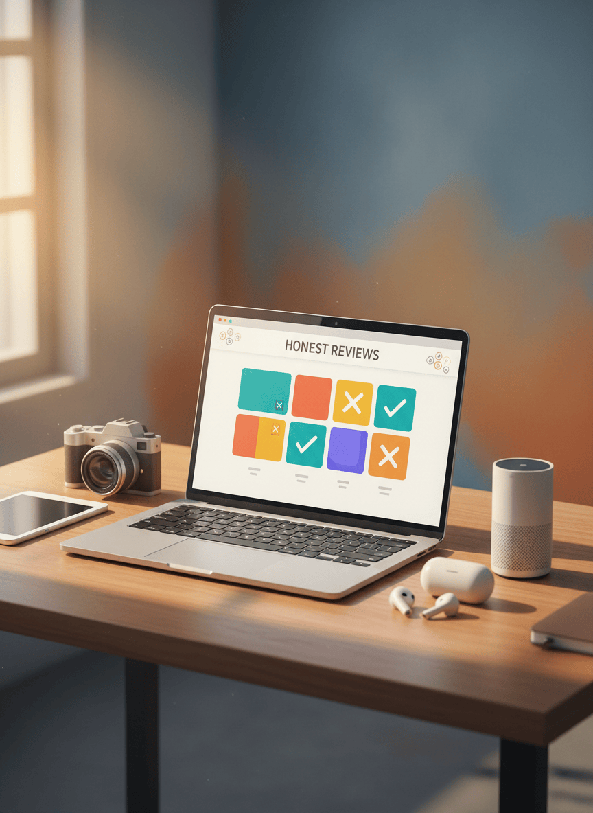 A cozy digital-art workspace scene centered on a sleek silver laptop with a bright, uncluttered browser window showing colorful, abstract blocks suggesting comparison charts, checkmarks for quick answers, and a playful honeycomb motif in the header. The laptop rests on a warm wooden desk surrounded by stylized gadgets: a tablet, wireless earbuds, a compact camera, and a minimalist smart speaker, all rendered in smooth, slightly exaggerated forms. Soft morning light from an unseen window casts gentle highlights and long, calm shadows, while the background fades into a soft-focus gradient of muted blues and ambers. Shot from a slightly elevated angle with a shallow depth of field, the composition feels inviting, modern, and trustworthy, capturing the essence of honest product reviews and no-nonsense guidance.