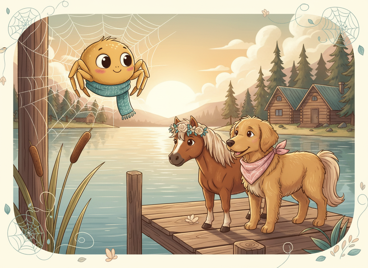 Cute HBH lake-country spider illustration with a dock, dog, horse and lake.