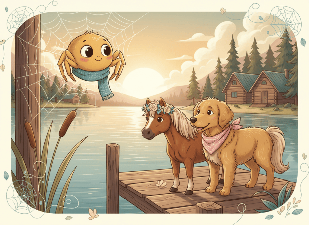 Honey Be Honest editorial artwork for an article about lake-country spiders and Spider No More Systems. Cute, polished illustrated magazine style, warm lake-cabin setting, Honey Be Honest visual personality, playful but not childish. A friendly spider is on a web near a lake dock, with a little horse and a cute dog in the background, subtle HBH handwritten-style accents, warm cream, muted teal, honey yellow and soft pink palette. No text, no logos, no photorealism.
