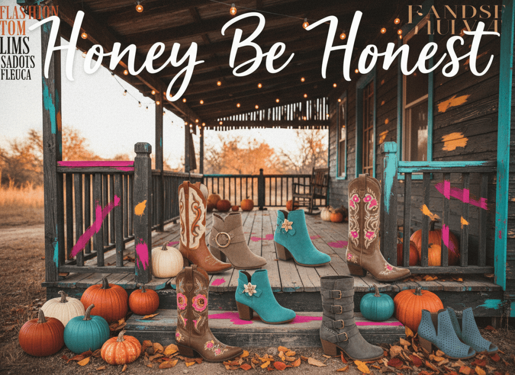 Honey Be Honest fall fashion artwork showing six women's boots including western, colorful ankle, floral, slouchy gray and cutout bootie styles with autumn decor.
