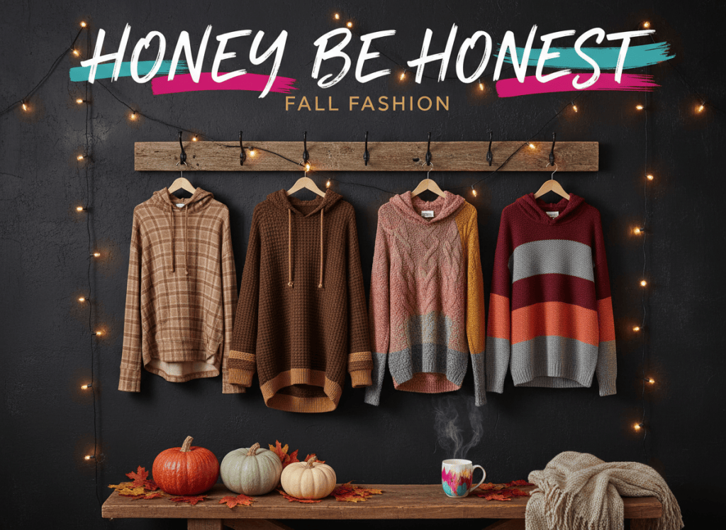 Honey Be Honest fall fashion artwork showing four cozy women's hoodies in plaid, brown, pink-gray-mustard and burgundy colorblock styles with pumpkins and autumn leaves.
