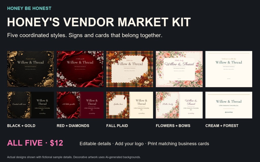 Five matching vendor sign and business-card collections: black and gold, ruby and diamonds, fall plaid, floral, and cream and forest.