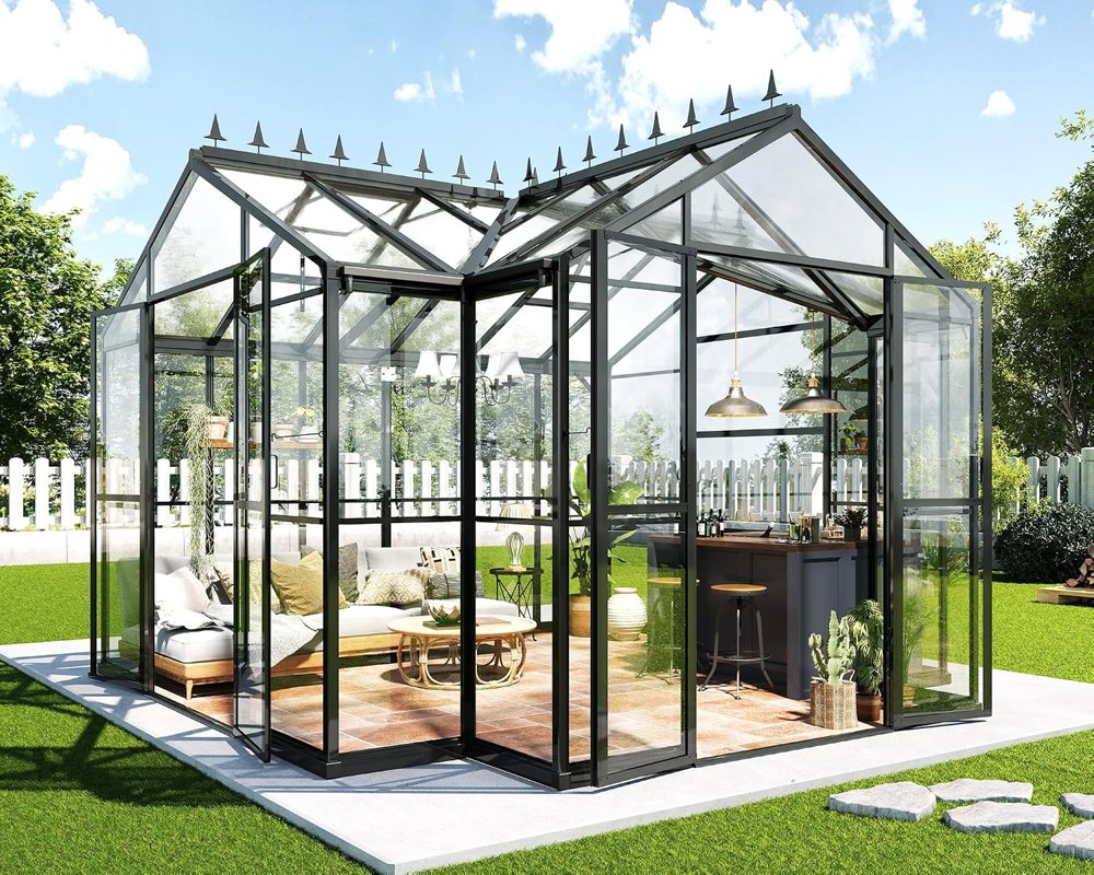 HOWE 12x10 aluminum greenhouse in black with chalet-style roof. Listing image.