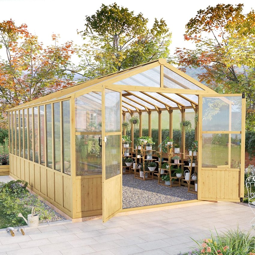Jocisland 10x18 wooden greenhouse with double doors. Listing image.