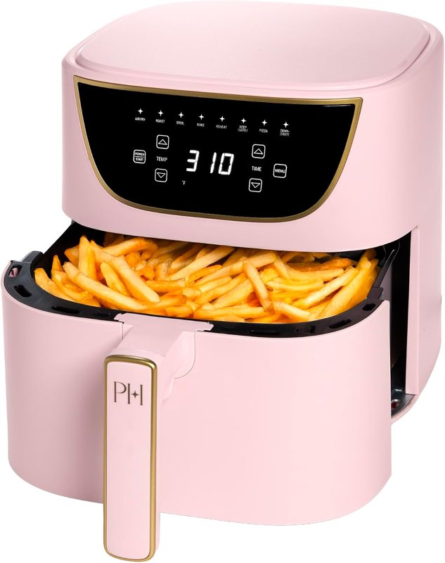 Paris Hilton 6-quart pink air fryer with gold trim, product listing photo.