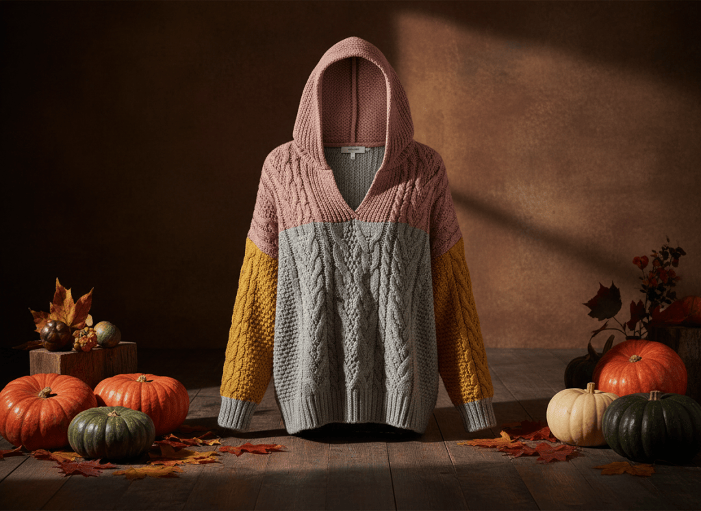 Pink gray and mustard cable-knit hooded sweater on a cozy autumn set.