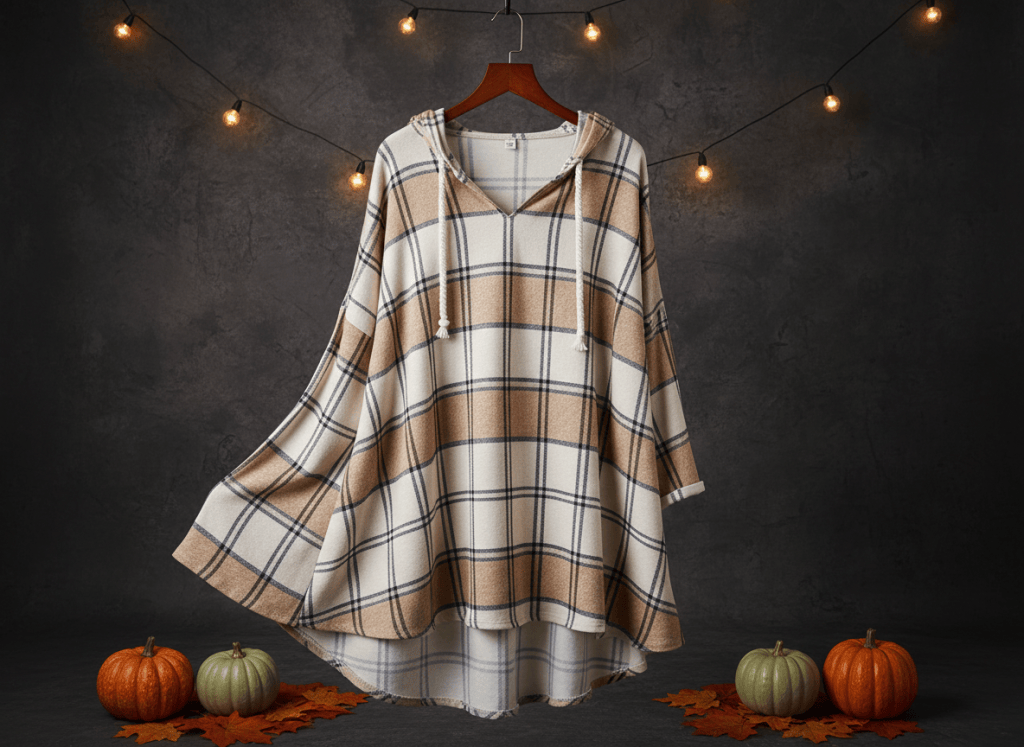 Tan cream brown and navy plaid women's pullover hoodie on a warm autumn product set.