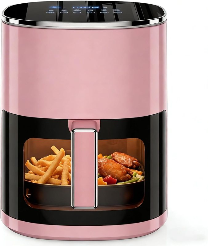 Simple Deluxe 6.34-quart pink air fryer with a viewing window, product listing photo.