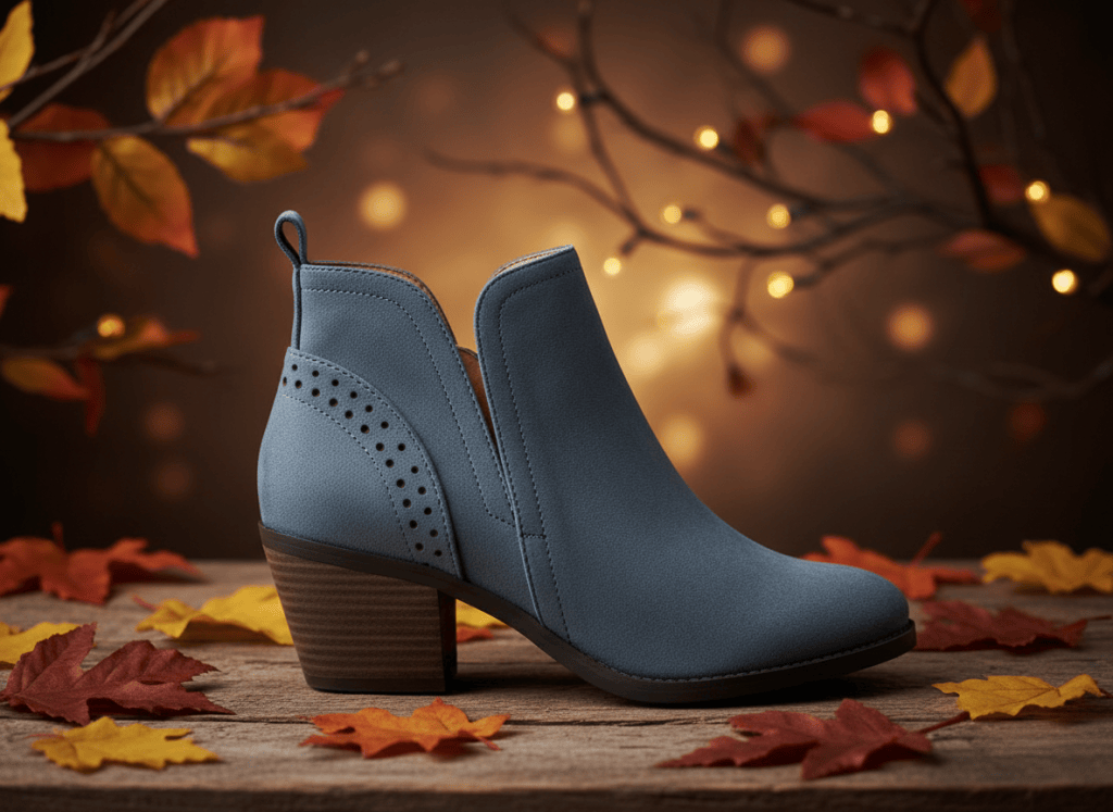 Smoky blue-gray cutout ankle bootie with perforated side detail on a fall set.