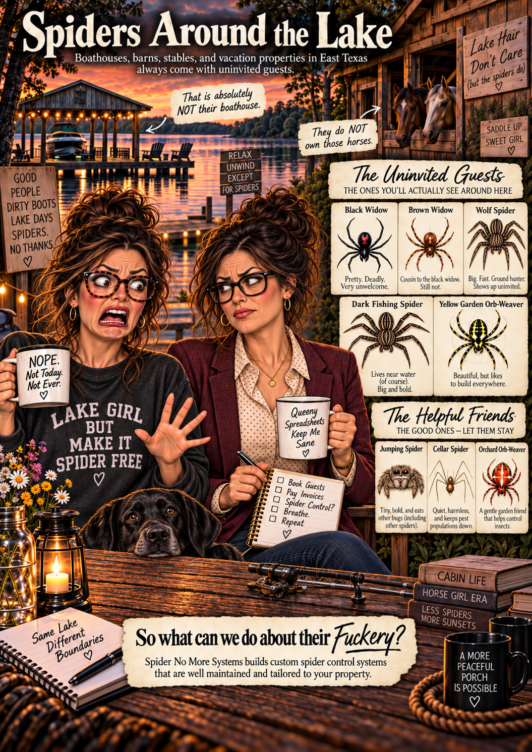 Approved Honey Be Honest Spiders Around the Lake artwork featuring Honey, Queeny, the lake, boathouse, horses, dog, and illustrated spiders.