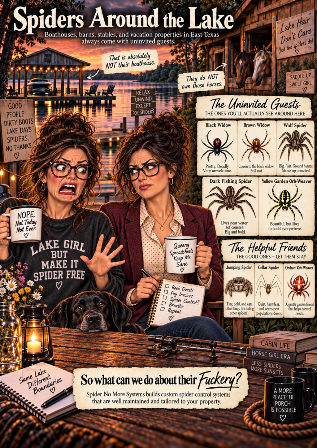 Approved Honey Be Honest Spiders Around the Lake artwork featuring Honey, Queeny, the lake, boathouse, horses, dog, and illustrated spiders.
