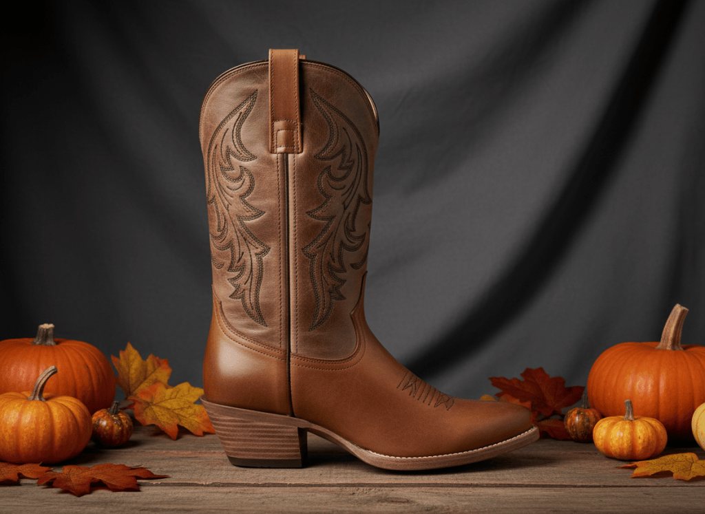 Tan western cowgirl boot with dark scrollwork on a rustic autumn set.