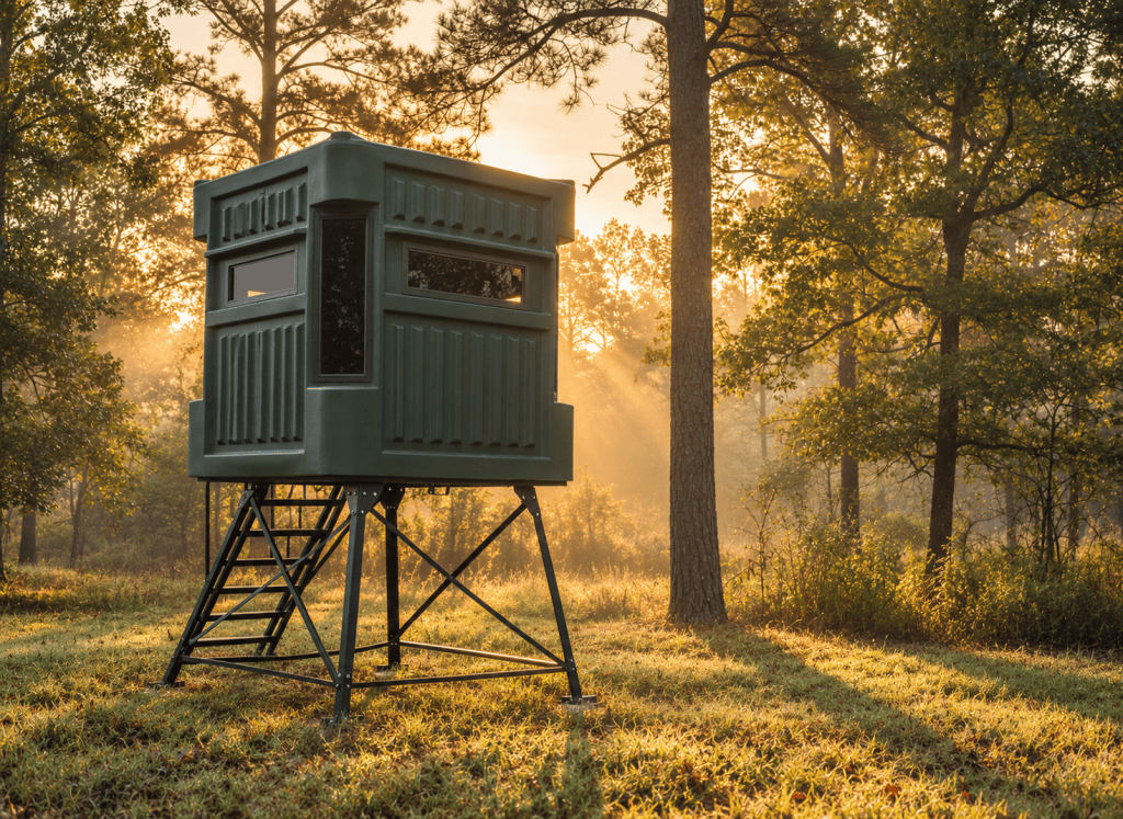 Texas Hunter green ribbed blind with combo windows and a short steel tower in a woodland scene.