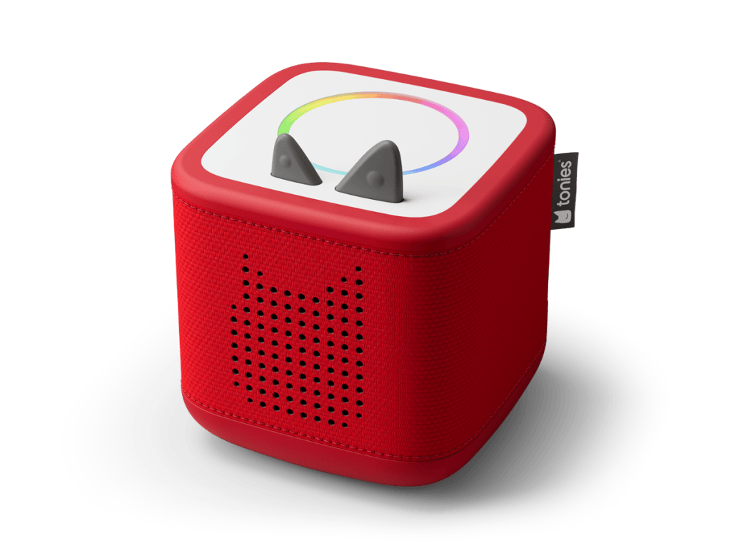 Red Toniebox 2 with gray ears and a light ring, shown without figures.
