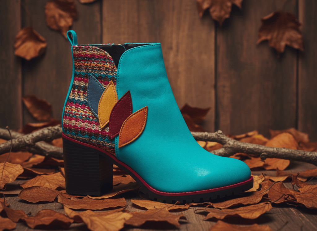 Turquoise ankle boot with colorful leaf appliques and woven side panel on a rustic fall set.