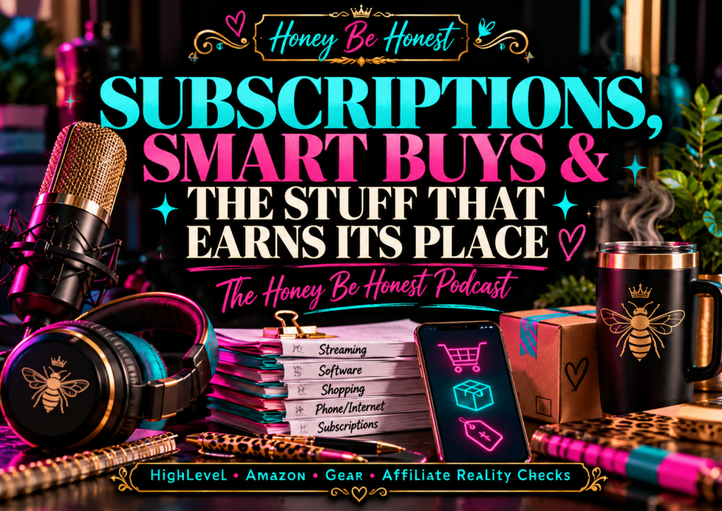 Honey Be Honest podcast cover about subscriptions, smart buys, HighLevel, Amazon, gear and affiliate reality checks