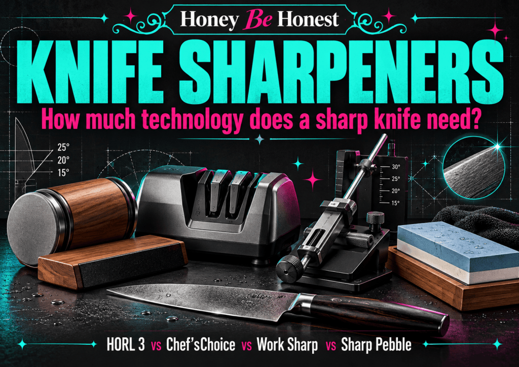 Honey Be Honest knife sharpener comparison cover: HORL 3 vs Chef'sChoice vs Work Sharp vs Sharp Pebble