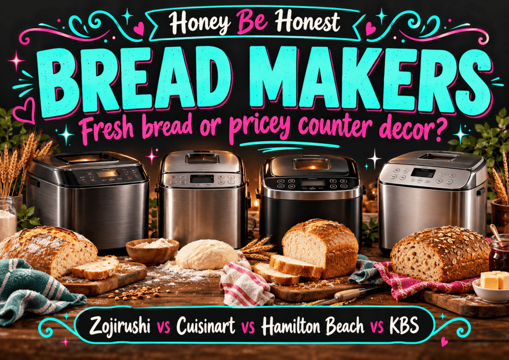 Honey Be Honest bread maker comparison cover: Zojirushi vs Cuisinart vs Hamilton Beach vs KBS